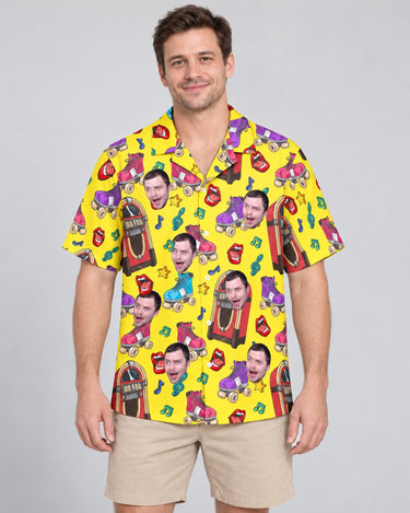 Retro Vinyl Vibes Hawaiian shirt with printed faces, worn by a man