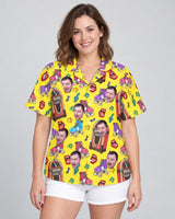 Retro Vinyl Vibes Hawaiian shirt with printed faces, worn by a woman