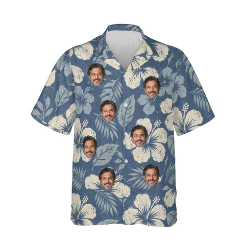 Reverse Print Hibiscus Aloha Shirt personalized with printed faces, front view