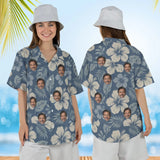Woman wearing the Reverse Print Hibiscus Aloha Shirt with custom faces, front and back view