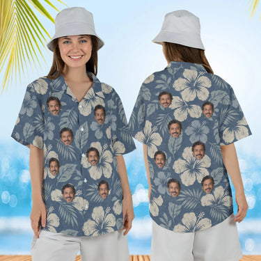 Woman wearing the Reverse Print Hibiscus Aloha Shirt with custom faces, front and back view
