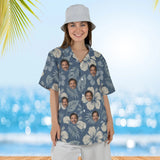Woman wearing the Reverse Print Hibiscus Aloha Shirt with custom faces