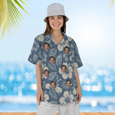 Woman wearing the Reverse Print Hibiscus Aloha Shirt with custom faces