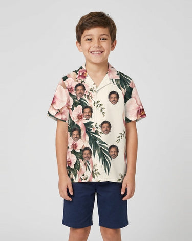 Ribbon Orchids Christmas Hawaiian Shirt with printed faces, worn by a child