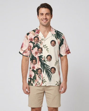 Ribbon Orchids Christmas Hawaiian Shirt with printed faces, worn by a man