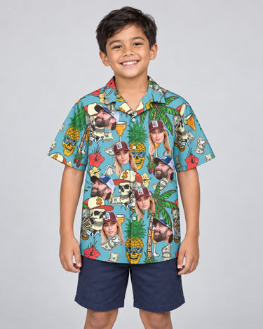 Rich Skull Paradise Hawaiian shirt with printed faces, worn by a child