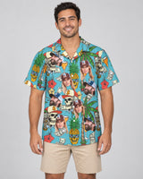Rich Skull Paradise Hawaiian shirt with printed faces, worn by a man