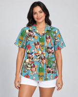 Rich Skull Paradise Hawaiian shirt with printed faces, worn by a woman