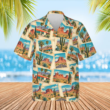 Roadside America Postcard Hawaiian Shirt print before personalizing, front view
