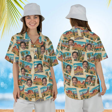 Woman wearing the Roadside America Postcard Hawaiian Shirt with custom faces, front and back view
