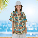 Woman wearing the Roadside America Postcard Hawaiian Shirt with custom faces