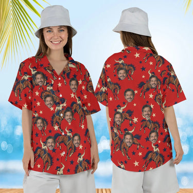 Woman wearing the Rodeo Bronco Horse Hawaiian Shirt with custom faces, front and back view