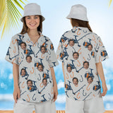 Woman wearing the Rods & Reels Fishing Hawaiian Shirt with custom faces, front and back view