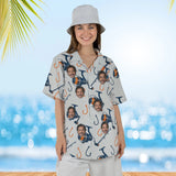 Woman wearing the Rods & Reels Fishing Hawaiian Shirt with custom faces