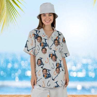 Woman wearing the Rods & Reels Fishing Hawaiian Shirt with custom faces