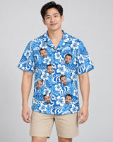Royal Blue Tropics Hawaiian shirt with printed faces, worn by a man