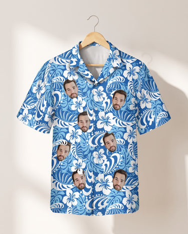 Royal Blue Tropics personalized Hawaiian shirt printed with customer faces