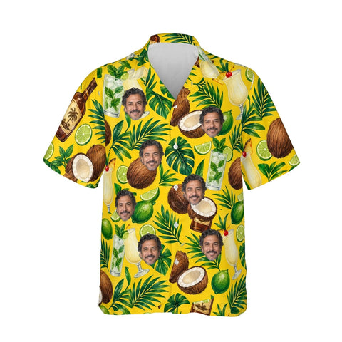 Rum & Coconut Caribbean Style Hawaiian Shirt personalized with printed faces, front view