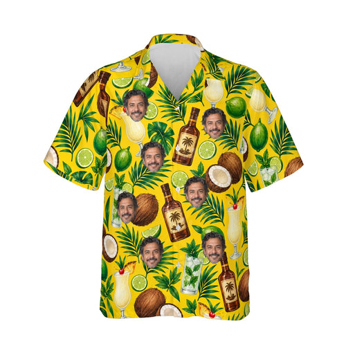 Rum & Coconut Caribbean Style Hawaiian Shirt personalized with printed faces, front view