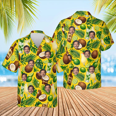 Rum & Coconut Caribbean Style Hawaiian Shirt with custom faces, front and back
