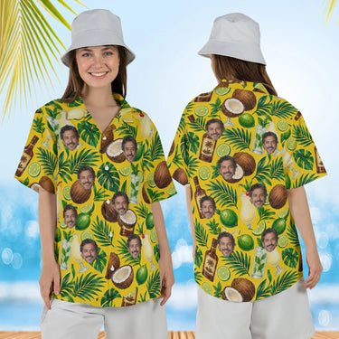 Woman wearing the Rum & Coconut Caribbean Style Hawaiian Shirt with custom faces, front and back view