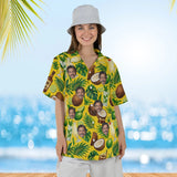 Woman wearing the Rum & Coconut Caribbean Style Hawaiian Shirt with custom faces