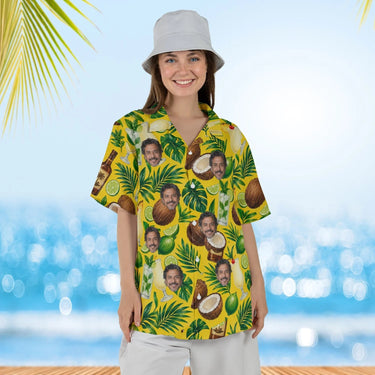 Woman wearing the Rum & Coconut Caribbean Style Hawaiian Shirt with custom faces