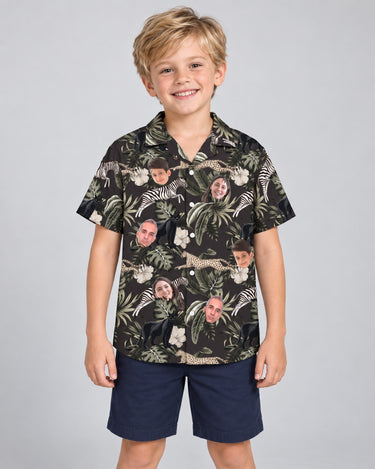 Running Wildlife Animal Hawaiian shirt with printed faces, worn by a child