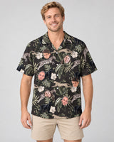 Running Wildlife Animal Hawaiian shirt with printed faces, worn by a man