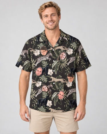 Running Wildlife Animal Hawaiian shirt with printed faces, worn by a man