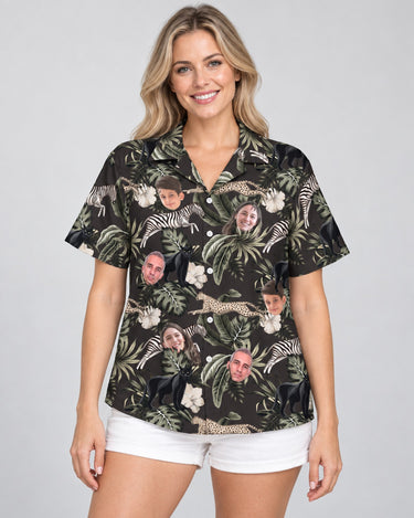 Running Wildlife Animal Hawaiian shirt with printed faces, worn by a woman