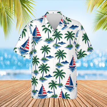 Sailboat Palm Island Hawaiian Shirt print before personalizing, front view