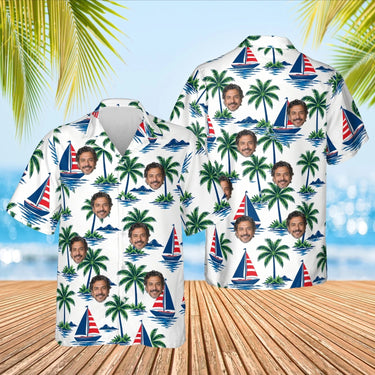 Sailboat Palm Island Hawaiian Shirt with custom faces, front and back