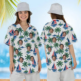 Woman wearing the Sailboat Palm Island Hawaiian Shirt with custom faces, front and back view