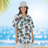 Woman wearing the Sailboat Palm Island Hawaiian Shirt with custom faces