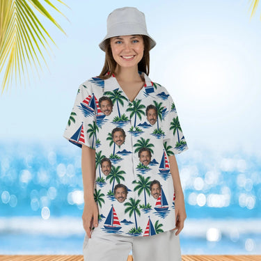 Woman wearing the Sailboat Palm Island Hawaiian Shirt with custom faces