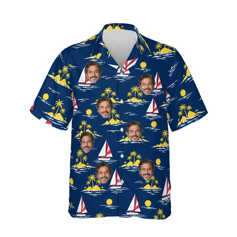 Sailboat Caribbean Style Hawaiian Shirt personalized with printed faces, front view
