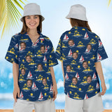 Woman wearing the Sailboat Caribbean Style Hawaiian Shirt with custom faces, front and back view