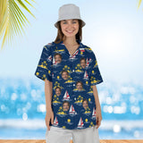 Woman wearing the Sailboat Caribbean Style Hawaiian Shirt with custom faces