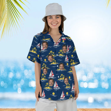Woman wearing the Sailboat Caribbean Style Hawaiian Shirt with custom faces