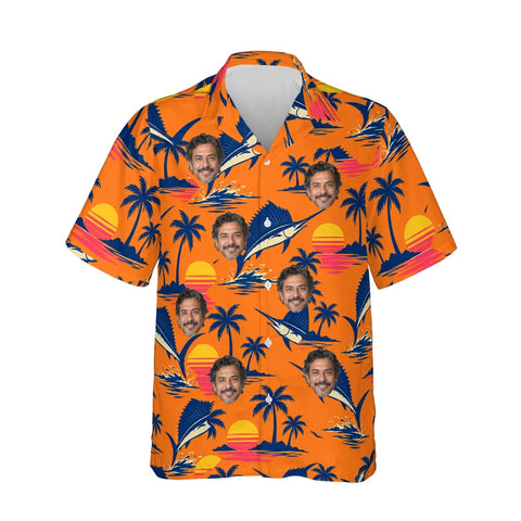 Sailfish Sunset Fishing Hawaiian Shirt personalized with printed faces, front view
