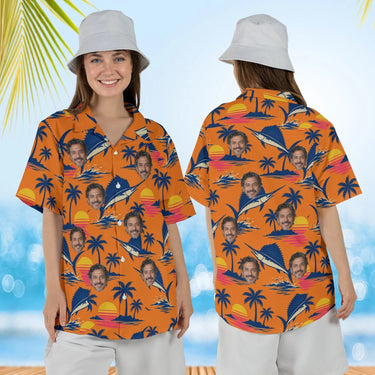 Woman wearing the Sailfish Sunset Fishing Hawaiian Shirt with custom faces, front and back view