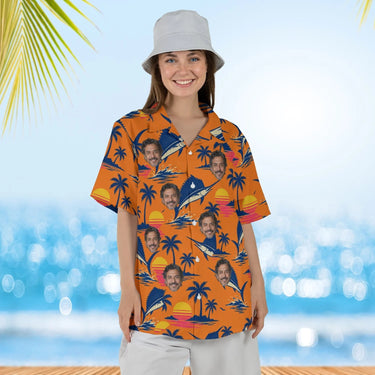 Woman wearing the Sailfish Sunset Fishing Hawaiian Shirt with custom faces
