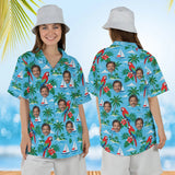 Woman wearing the Sailing Parrot Tropical Hawaiian Shirt with custom faces, front and back view