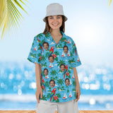 Woman wearing the Sailing Parrot Tropical Hawaiian Shirt with custom faces