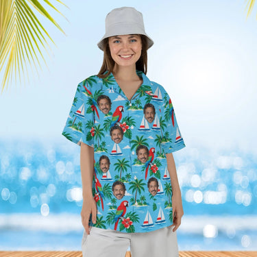 Woman wearing the Sailing Parrot Tropical Hawaiian Shirt with custom faces