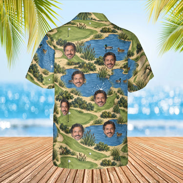 Sand Trap Disaster Funny Hawaiian Golf Shirt with custom faces, back view