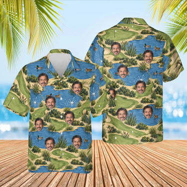 Sand Trap Disaster Funny Hawaiian Golf Shirt with custom faces, front and back