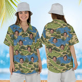 Woman wearing the Sand Trap Disaster Funny Hawaiian Golf Shirt with custom faces, front and back view