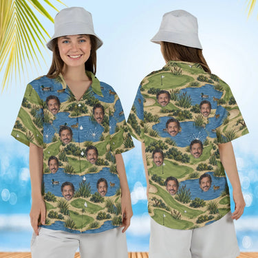 Woman wearing the Sand Trap Disaster Funny Hawaiian Golf Shirt with custom faces, front and back view